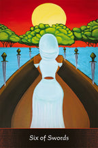 Artistic depiction of a tarot card titled 'Six of Swords' with a central figure, swords, and a sunset landscape.