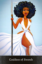 Illustration of a woman in a white dress holding a spear with 'Goddess of Swords' text below.