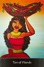 Artistic depiction of a woman holding a basket of wands with a colorful background, labeled 'Ten of Wands'.