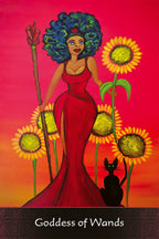 Illustration of a woman in a red dress with sunflowers and a black cat on a pink and orange background.