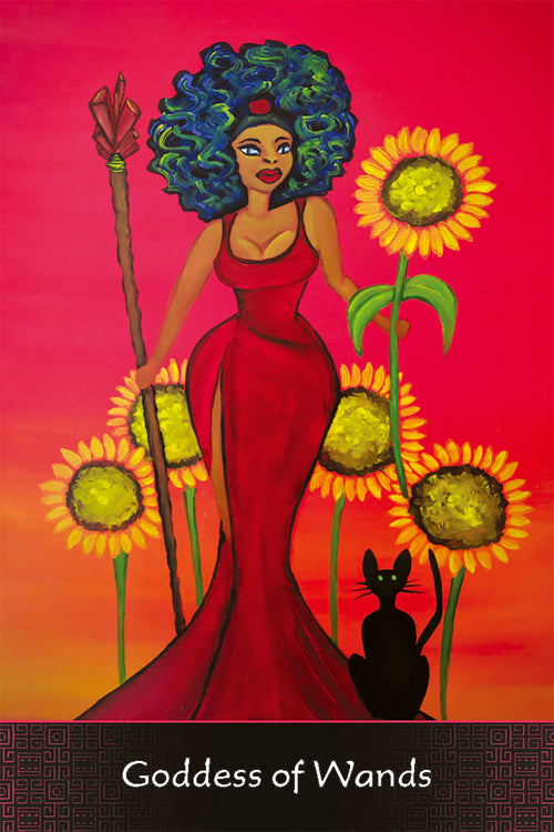 Illustration of a woman in a red dress with sunflowers and a black cat on a pink and orange background.