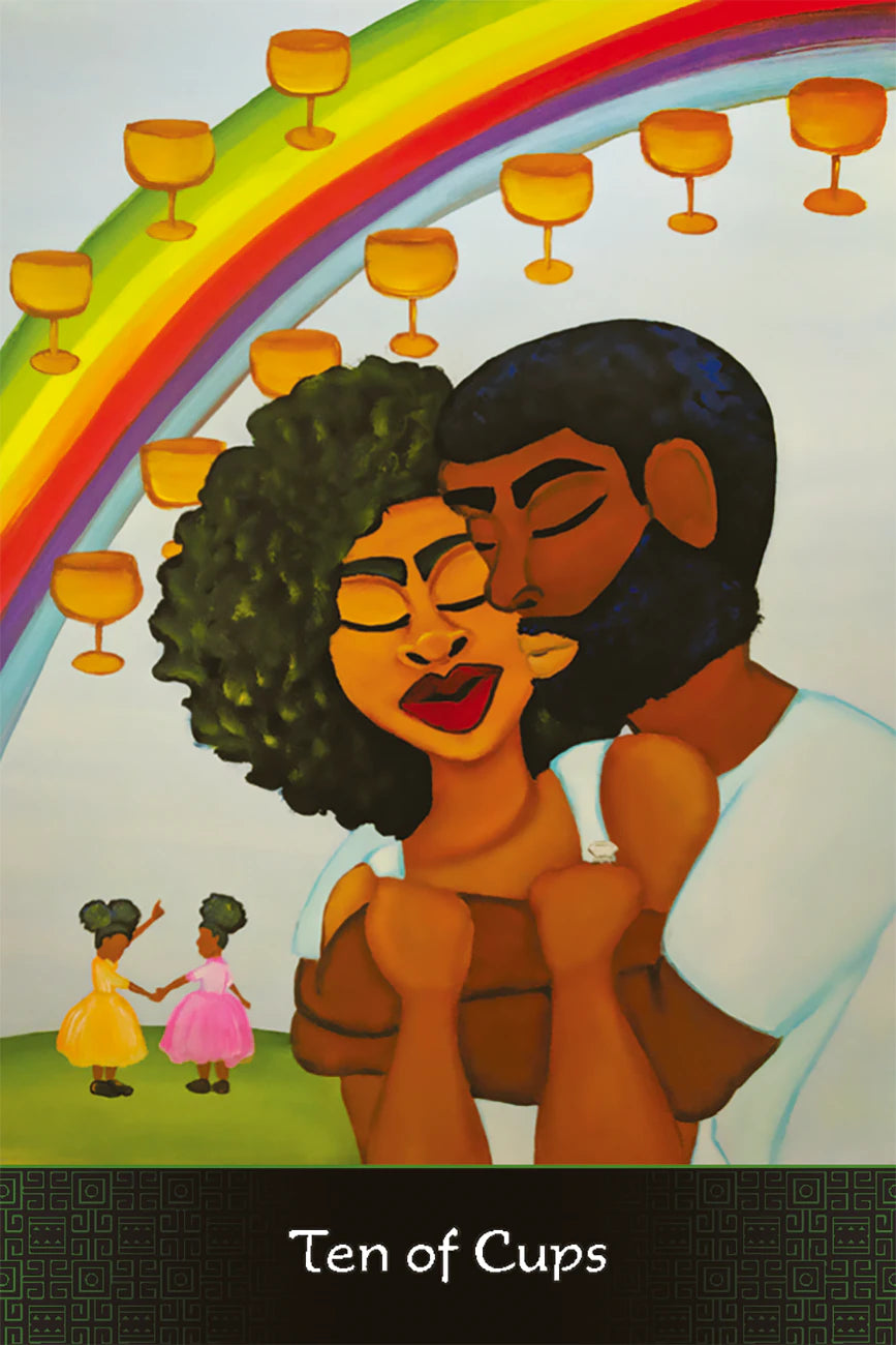 Card with a couple embracing under a rainbow, surrounded by cups, with 'Ten of Cups' at the bottom.