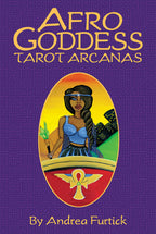Book cover of 'Afro Goddess Tarot Arcanas' with a stylized illustration of a woman and an ankh symbol on a purple background.