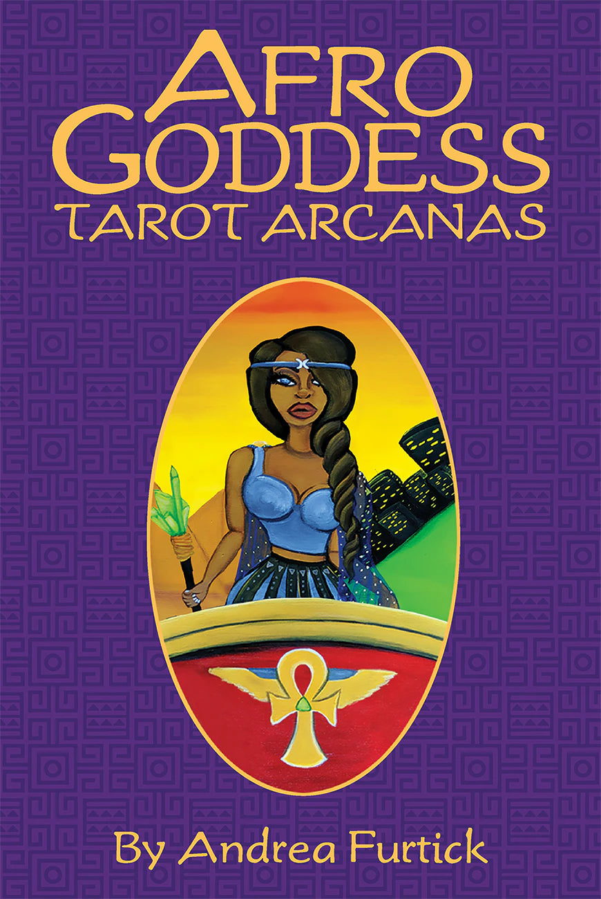 Book cover of 'Afro Goddess Tarot Arcanas' with a stylized illustration of a woman and an ankh symbol on a purple background.