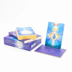 Set of 'Angelic Lightwork' cards with a card displayed on a stand against a white background.