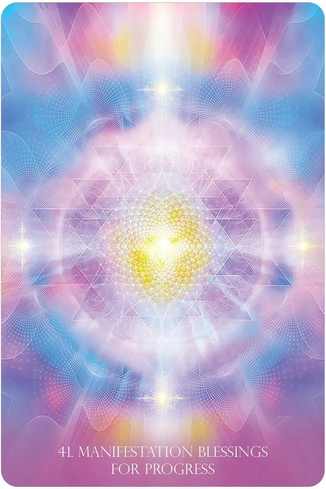 Sacred geometry design with a central light source on a colorful background, featuring text '41 Manifestation Blessings for Progress'.
