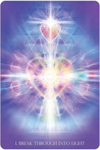 Sacred geometry card with heart symbol and radiating light on a purple background