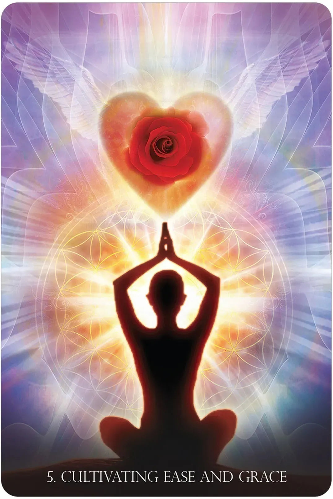 Silhouette of a meditating person with a heart-shaped rose and energy field on a colorful background.