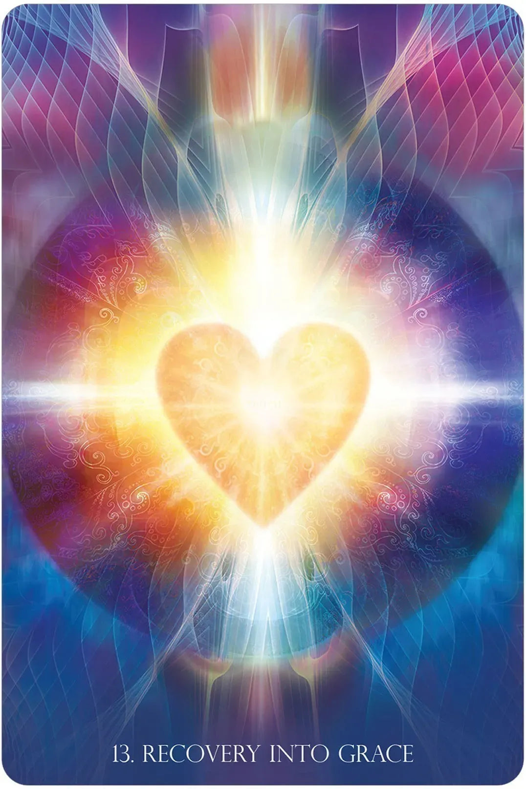 Card with a heart symbol and radiant light on a colorful background, labeled '13. Recovery into Grace'.