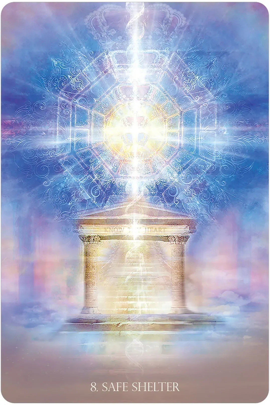 Decorative card with a temple-like structure and bright light, labeled 'Safe Shelter'.