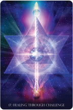 Sacred geometry symbol with a star and pyramid on a cosmic background, labeled '17. Healing Through Challenge'.