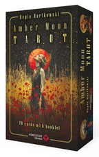 Amber Moon Tarot card set packaging with a woman in a field of red flowers and a red moon.