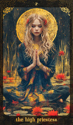 Tarot card featuring a woman with a golden halo sitting by water lilies, labeled 'The High Priestess'.