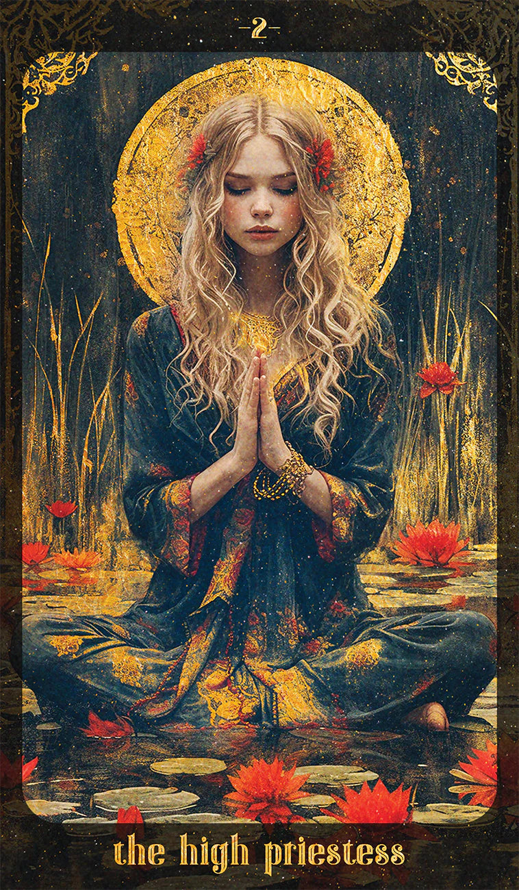 Tarot card featuring a woman with a golden halo sitting by water lilies, labeled 'The High Priestess'.