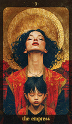 Card titled 'The Empress' featuring a woman and child with a gold halo