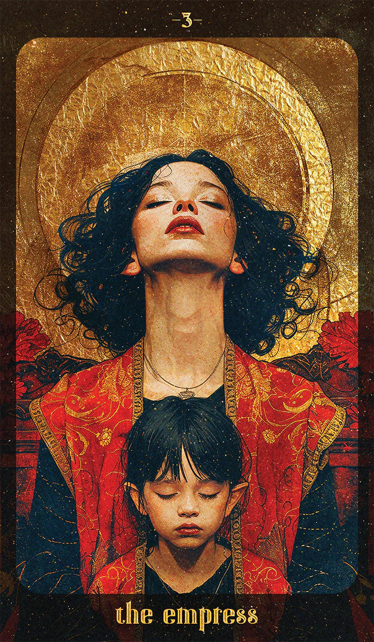 Card titled 'The Empress' featuring a woman and child with a gold halo