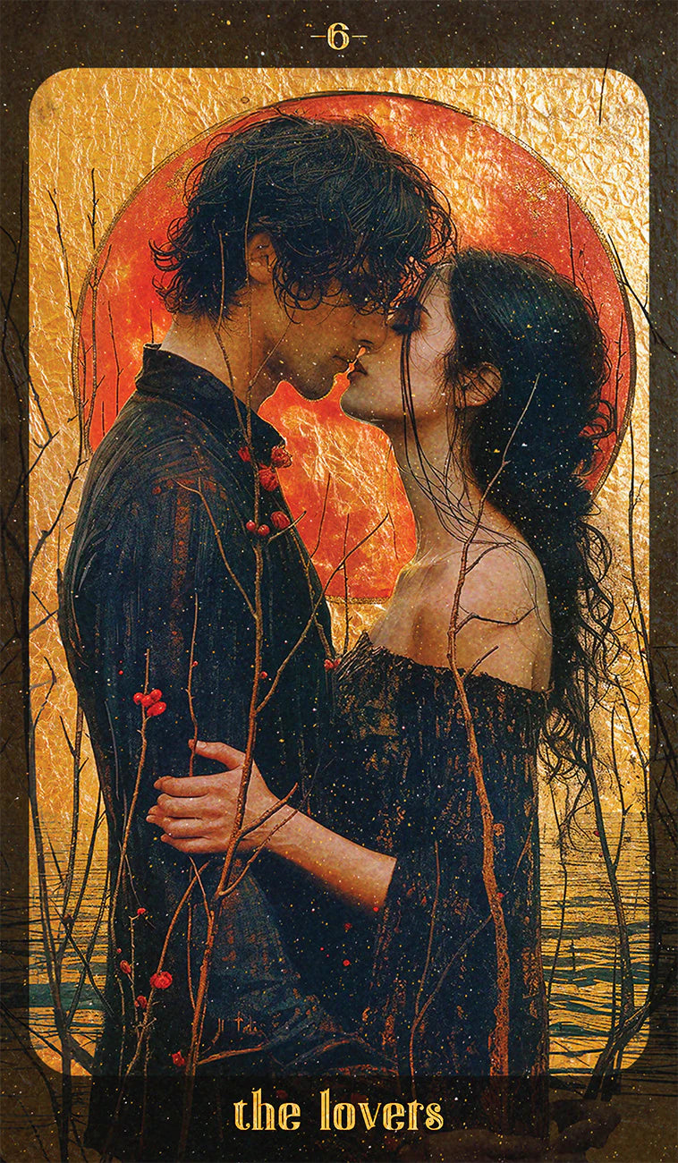 Artistic depiction of 'The Lovers' tarot card with a couple embracing against a warm-toned background.
