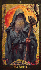 Tarot card featuring a hermit figure with an owl against a mystical background