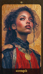 Card featuring a woman with warrior attire and 'strength' text on a gold and black background