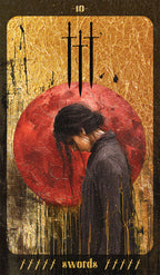Tarot card with a person in a dark coat and hat, standing in front of a red circle with three black crosses above it.