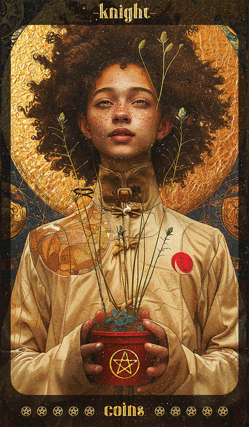 Artistic depiction of a person holding a pentacle symbol, with decorative elements and text on a dark background.