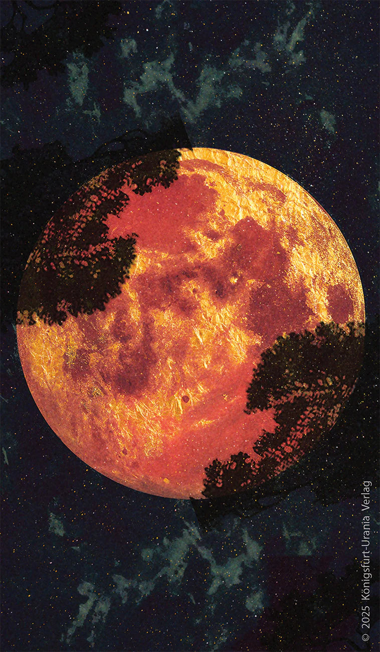 Surreal image of a fiery moon with trees against a dark sky