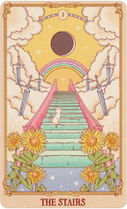 Card titled 'The Stairs' with a staircase, rainbow, and cat illustration.