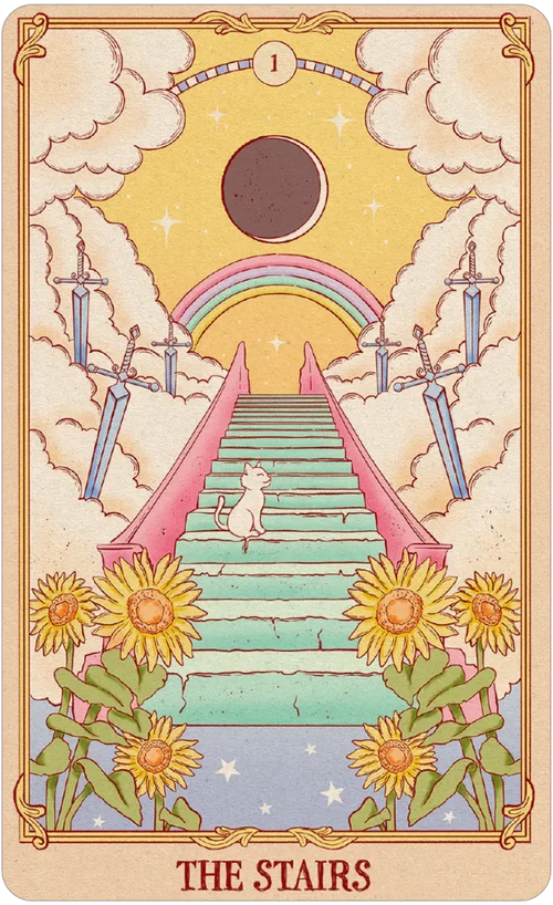 Card titled 'The Stairs' with a staircase, rainbow, and cat illustration.