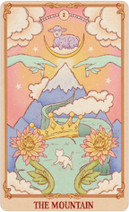 Tarot card titled 'The Mountain' with a mountain, flowers, and a lamb.