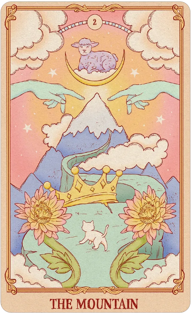 Tarot card titled 'The Mountain' with a mountain, flowers, and a lamb.