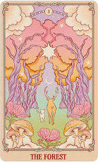 Tarot card titled 'The Forest' with a deer, cat, and mushroom illustration.