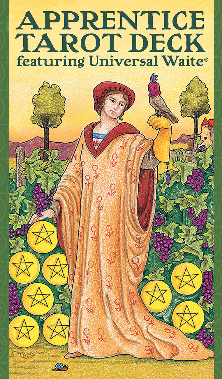 Cover of the Apprentice Tarot Deck featuring Universal Waite with a person in a robe and bird, surrounded by trees and grapes.