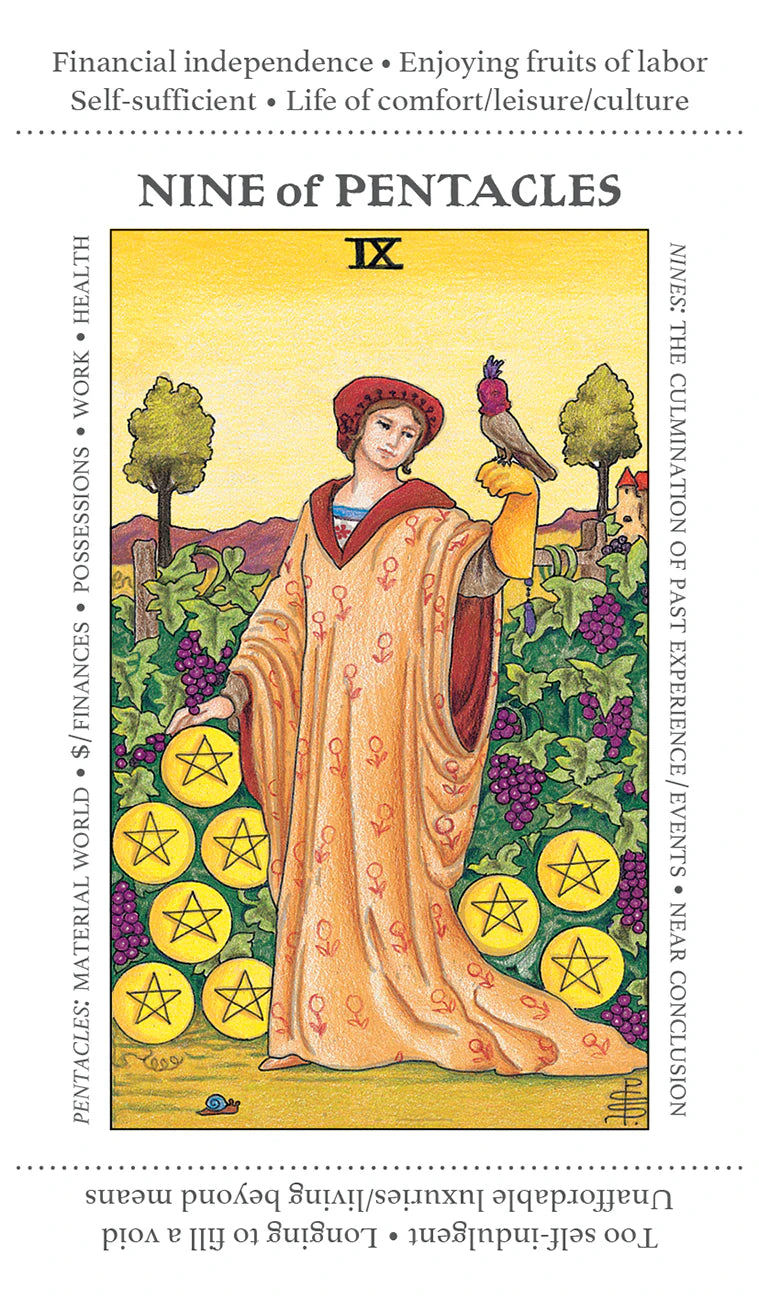Tarot card titled 'Nine of Pentacles' with a person in a robe and bird, surrounded by nature elements.