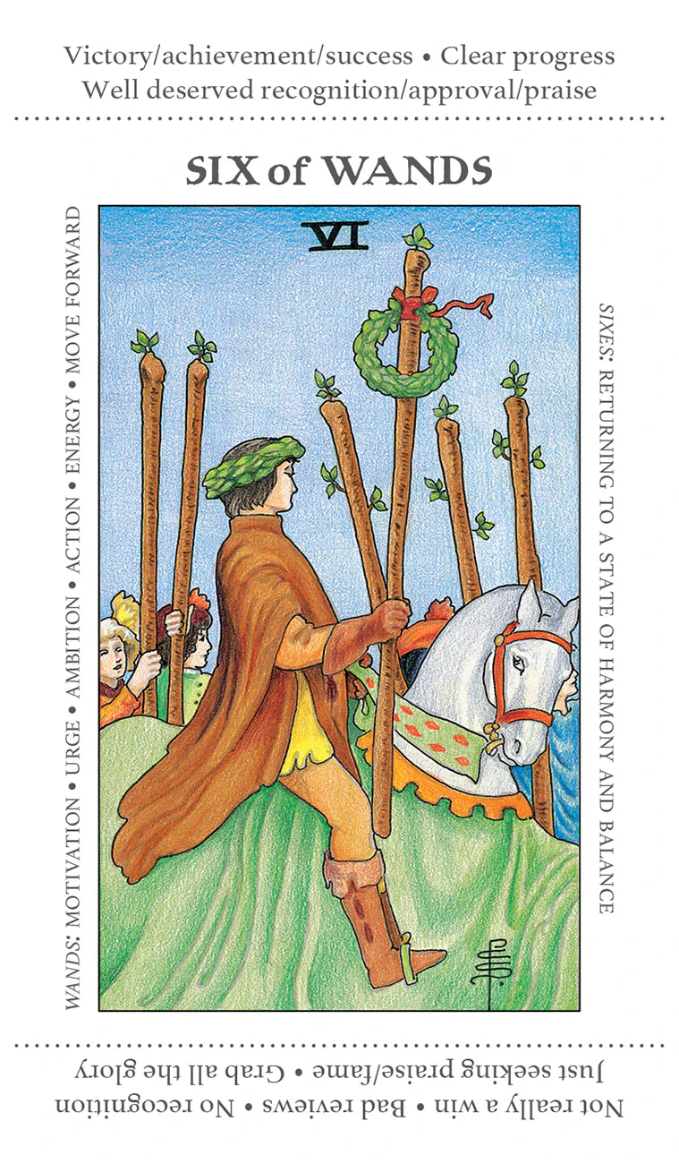 Six of Wands tarot card from a deck with a person holding wands and a horse, surrounded by people, on a green background.