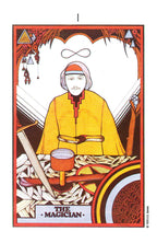 Tarot card featuring 'The Magician' with a person in a yellow robe and red hat.