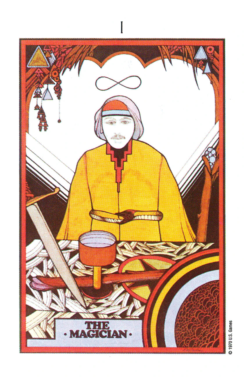 Tarot card featuring 'The Magician' with a person in a yellow robe and red hat.