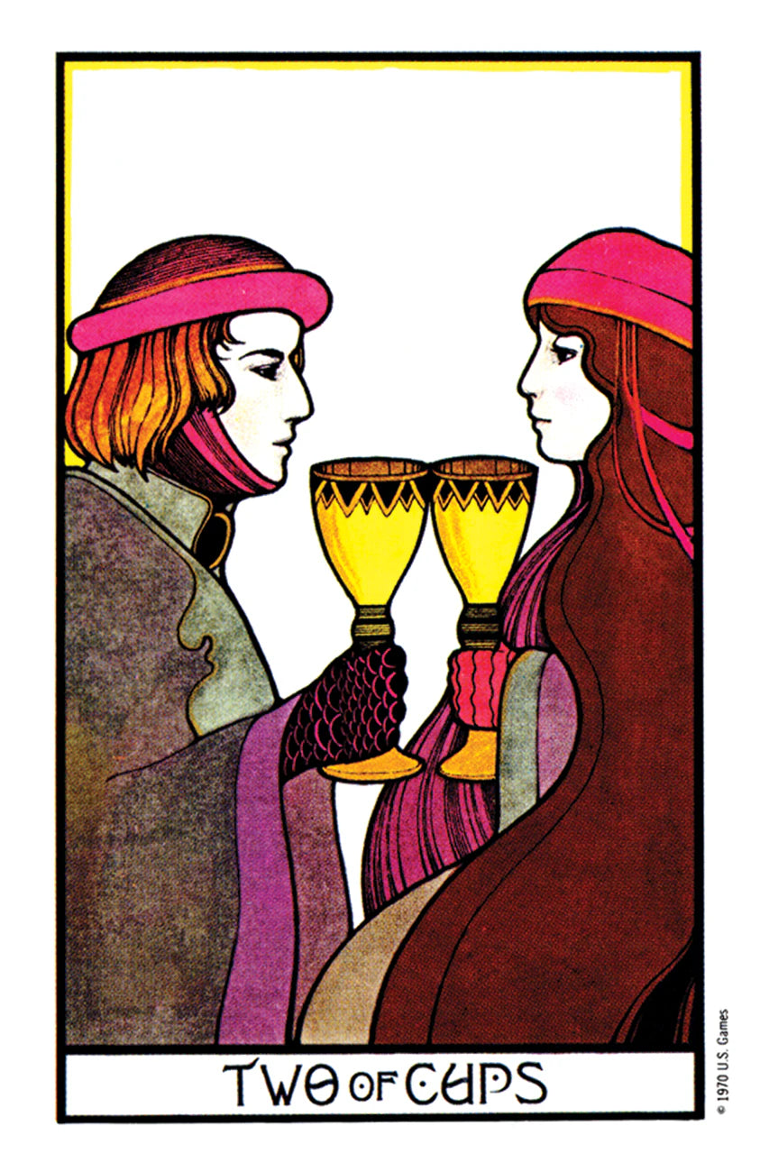 Two people holding cups with a colorful frame, labeled 'Two of Cups'.