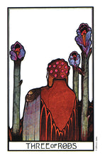 Three of Rods tarot card with stylized figure and floral elements