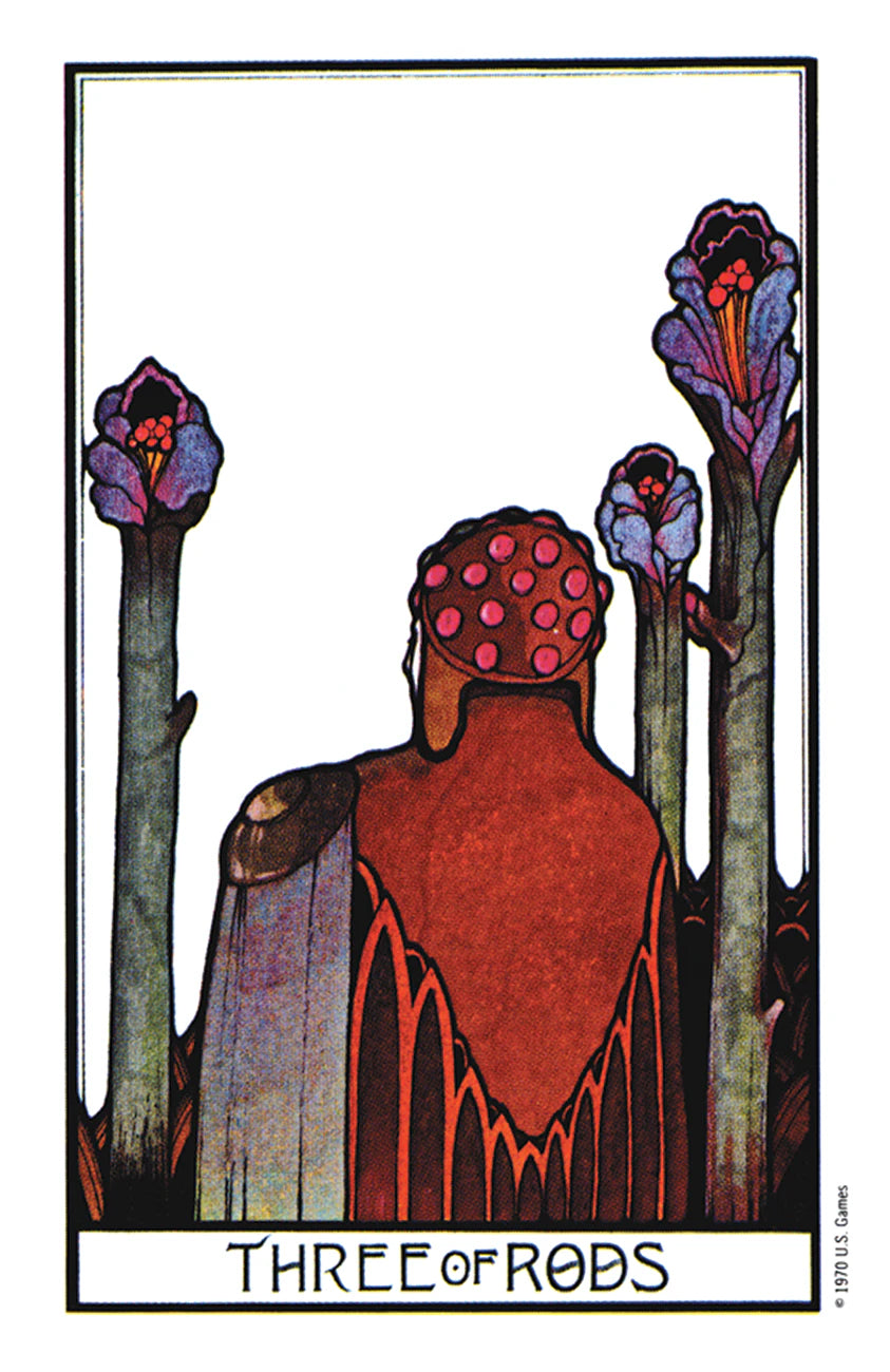 Three of Rods tarot card with stylized figure and floral elements