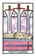 Four of Swords tarot card with three crossed swords and a sleeping figure on a pink and purple background.