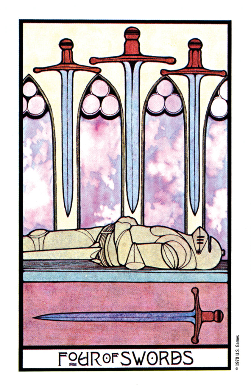 Four of Swords tarot card with three crossed swords and a sleeping figure on a pink and purple background.