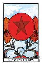 Ace of Pentacles tarot card with red star and flowers against a blue sky background