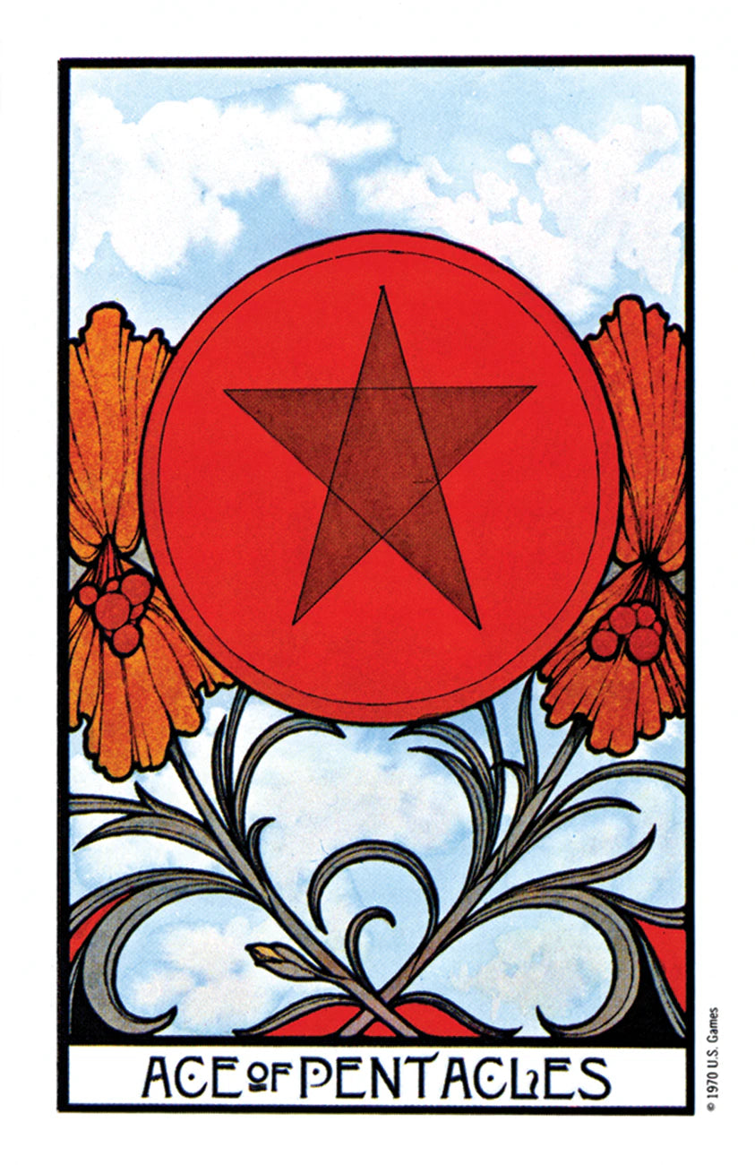 Ace of Pentacles tarot card with red star and flowers against a blue sky background