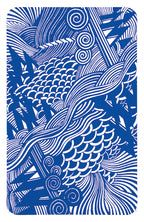 Blue and white patterned notebook cover with abstract designs
