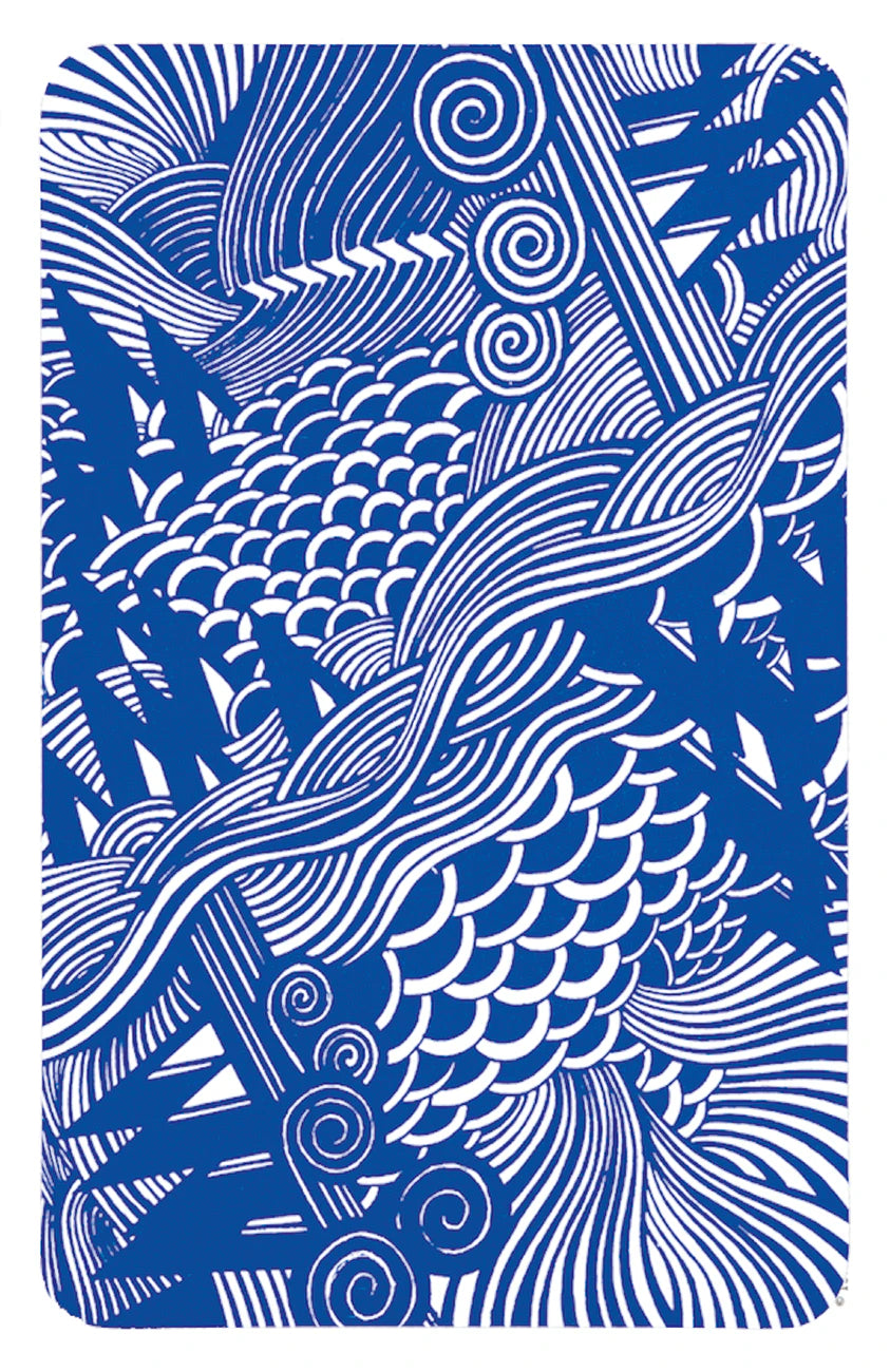 Blue and white patterned notebook cover with abstract designs