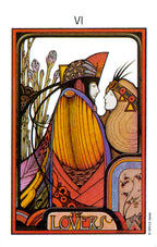 Tarot card titled 'Lovers' with stylized illustration of two figures and decorative border.