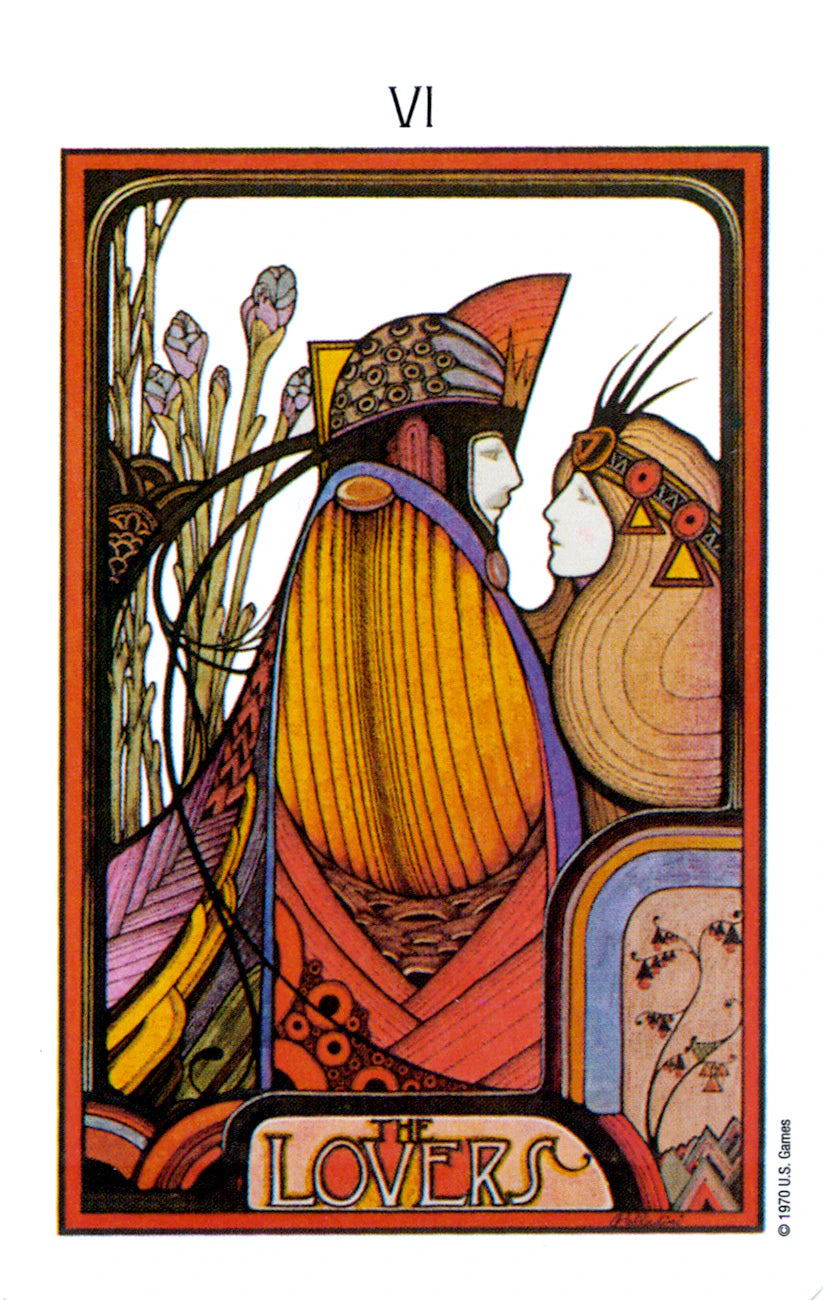Tarot card titled 'Lovers' with stylized illustration of two figures and decorative border.