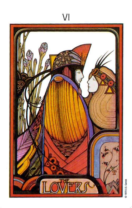 Tarot card titled 'Lovers' with stylized illustration of two figures and decorative border.
