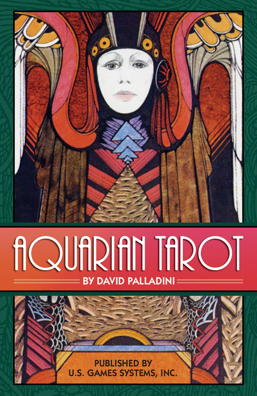 Cover of 'Aquarian Tarot' by David Palladini with stylized illustration and U.S. Games Systems, Inc. branding.