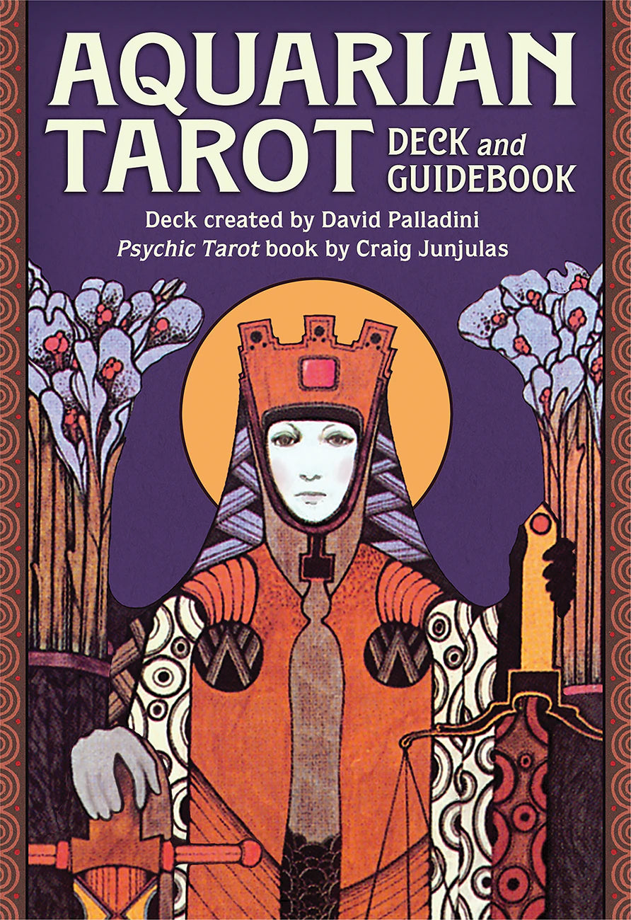 Cover of 'Aquarian Tarot Deck and Guidebook' with artistic design and text.